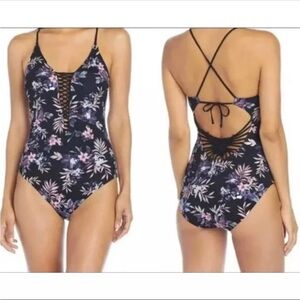 Ambrielle Medium One Piece Swimsuit Black Pink Silver Floral NWOT Padded Bust